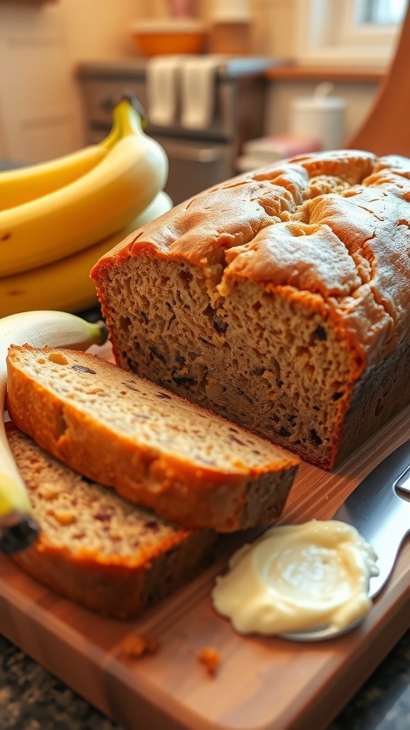 Banana Bread Recipe A golden loaf of banana bread sliced on a cutting board with ripe bananas beside it.